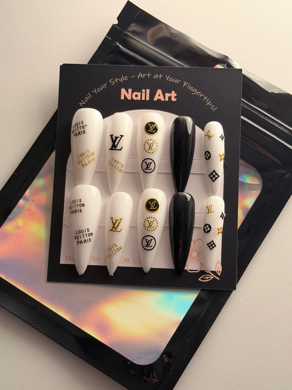 Louis Vuitton White, Black & Gold Stiletto Nail Set - Picture 1 of 1